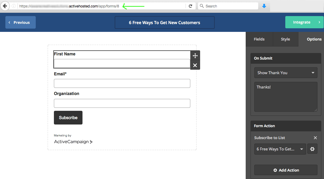 activecampaign form id in form settings page