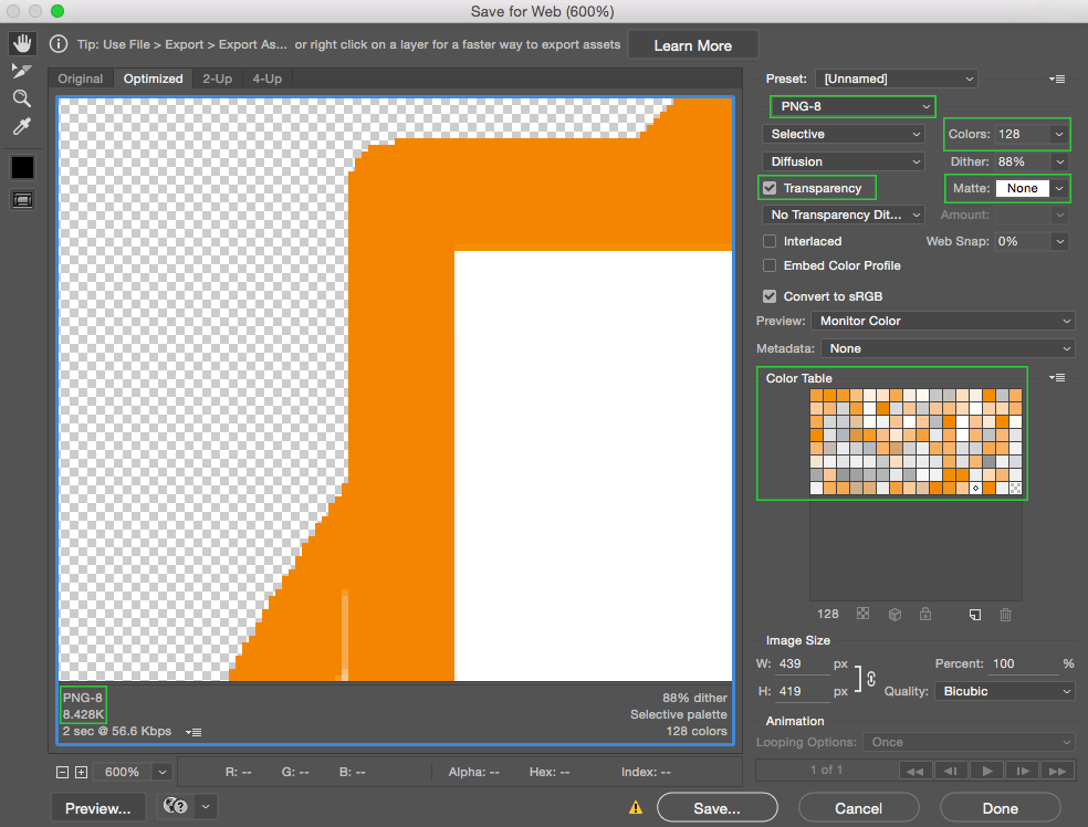 PNG8 save for web settings